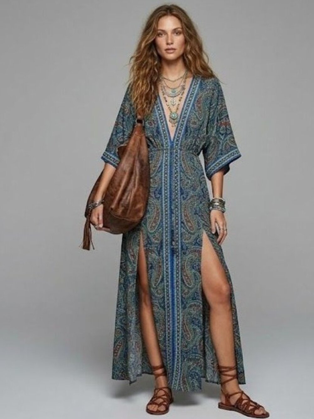Earthbound Paisley Print Maxi Dress Boho V-Neck Elastic Waist XL - Picture 8 of 14